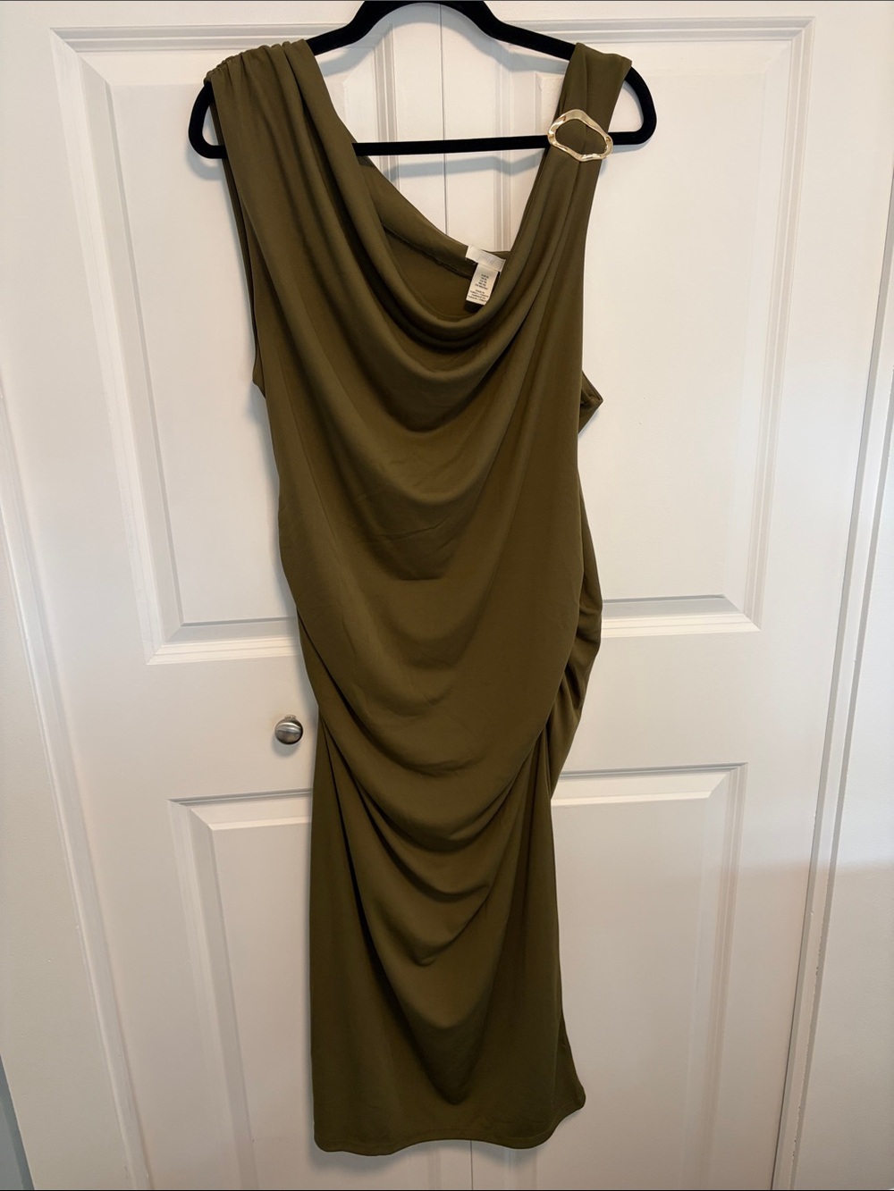 H&M - Olive Green Draped Midi Dress with Buckle Detail